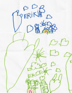 Dessin d'un enfant de 6 ans pour nous remercier d'avoir confectionné sa prothèse faciale sur lunettes juste avant sa rentrée à l'école primaire - Là où le métier d'épithésiste prend tout son sens