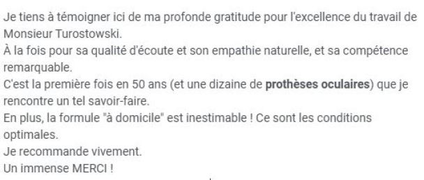 Avis positif d'une patiente de l'Aude sur le renouvellement de sa prothese oculaire